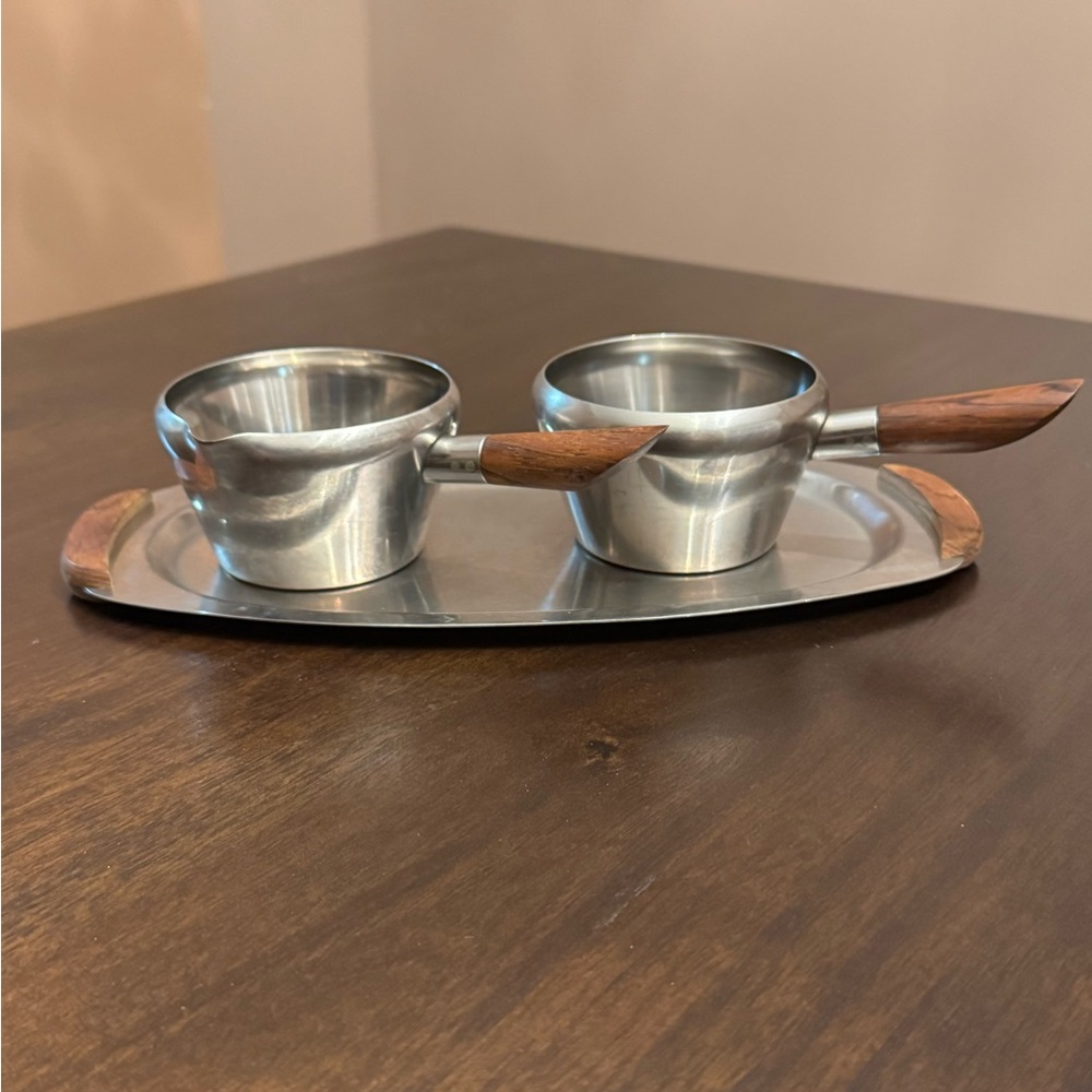 Lundtofte Denmark Stainless Steel and Rosewood Cream and Sugar Set